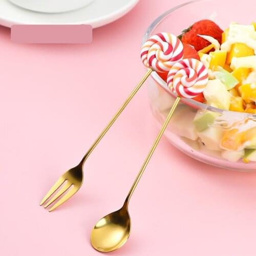 304 Stainless Steel Lollipop Spoon Fork Creative Donut Dessert Fruit Forks Coffee Tea Gold Spoon Kids Dinnerware 8 Style