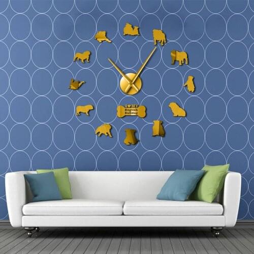 English Bulldog 3D Frameless Silent Wall Clock British Bulldog Silhouettes Wall Art DIY Large Watch Timepieces Dog Lover Gift