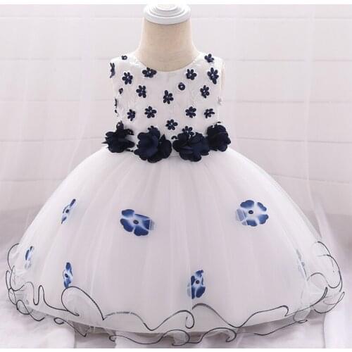 Beading White Flower Tulle Christening Princess Toddler Birthday Party Ball Gown Baby Girl Dress Newborn Children Baptism 1 Year