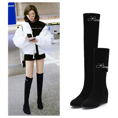 Two Waies Over The Knee Boots Thin Elastic Women Suede Boots Winter Fur Female Wedges Flat Boots for Girls