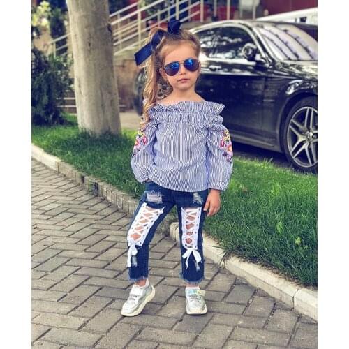 Children girls clothes set top long sleeve blue stripe shirt blouse floral embroidery+ hollow out bandage denim long pant jeans