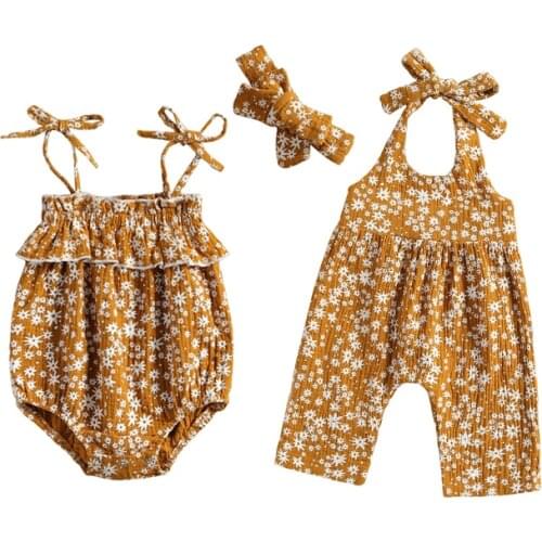 FOCUSNORM 0-24M Summer Lovely Baby Girls Boys Bodysuits Flowers Print Sleeveless Belt Jumpsuits One Piece