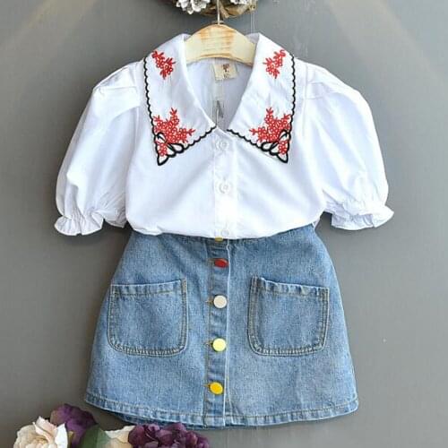 Amya Baby Girl Set White Tops Blue Denim Skirt 2pcs Summer Clothes For Toddler Girls Back To School Kids Outfits Set