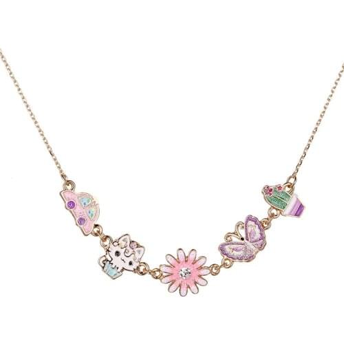 Korean version of popular childrens sweet cartoon necklace woman car cute kitten butterfly flowers dripping oil alloy pendant