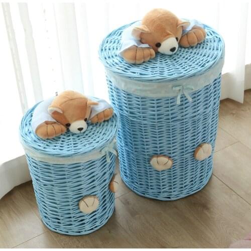 Cute Bear Laundry Bucket Hand Woven Rattan Storage Baskets Decorative Clothes Sundries Toys Storage Organizer Basket Hamper