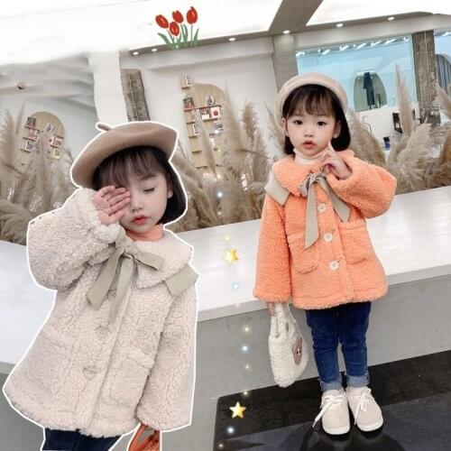 Sweet Baby Girls Clothes Winter Plush Coats Bow Jackets Keep Warm Autumn Shawl fur collar Toddler girl Wear Kids Thick Outerwear