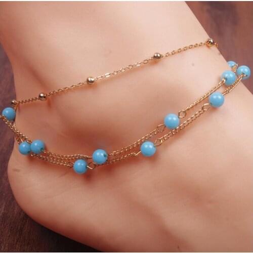 Multi layer anklet blue plastic bead with metal chain and copper bead chain gold silver plated