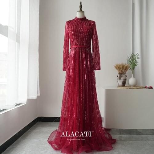 Muslim long-sleeved wine red evening dress female 2021 Dubai plus size luxury high-end bridal performance event A-line long Alac