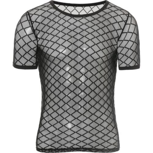 Men Top Undershirt Transparent Mesh T- Shirts Tight Singlet Gay Sleepwear Top Tees Night Club Erotic Lingerie Diamond
