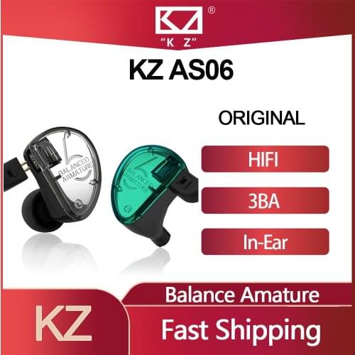 Original KZ AS06 Wired In Ear Earphones 3BA Balanced Armature Driver HIFI Bass Earbuds Monitor Sport Noise Cancelling Headsets