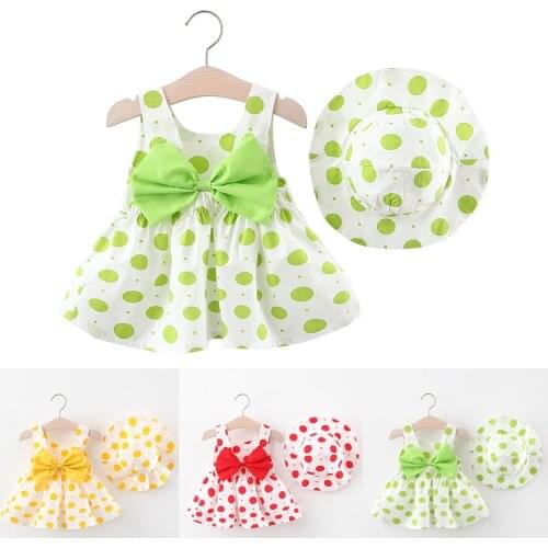Girls Dress 2021 Summer New Childrens Dress Big Polka Dot Print Dresses Send Hats Cute Baby Girls Strap Dress 1 2 3 Years Old