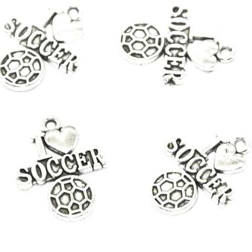 12pcs Antique Silver I Love Soccer Charms Alloy Metal Sports Pendants For DIY Handmade Jewelry Accessories Making 22*16mm