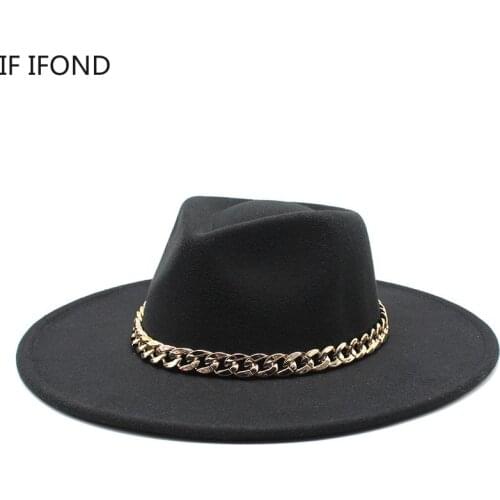 British Style Wool Fedoras Cap With Metal Chain Classic Style Men Women Panama Felt Hat Wide Brim Ladies Dress Jazz Hat