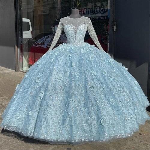 Light Blue 2021 Ball Gown Quinceanera Dresses Bridal Gowns Sweetheart Long Sleeve Sweet 16 Dress vestidos de xv años anos