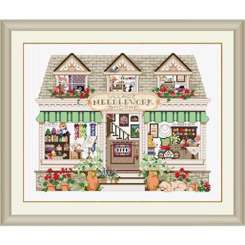 11CT Accurate Printing Or 14CT Count Fishxx Cross Stitch Kit Warm Town Sewing Shop Idyllic Scenery Leisurely Hand Embroidery