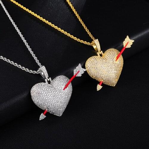 US7 Bling Iced Out Love Heart With Arrow Necklace Micro Paved AAA+ Cubic Zircon Copper Pendant&Necklaces for Men Hip Hop Jewelry