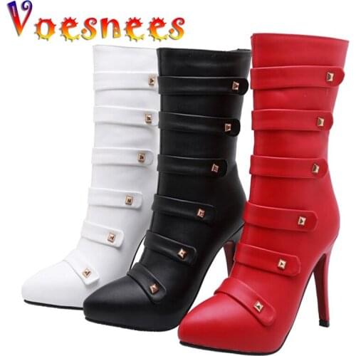 Voesnees 2021 Autumn New Fashion Belt Buckle sexy Boots Women Pointed Stiletto High Heels 11cm Plus Size Mid-Calf Short Boots