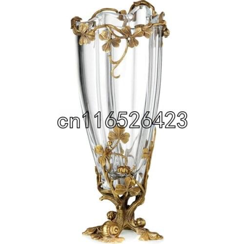 High-end transparent glass inlaid copper creative vase Home decoration