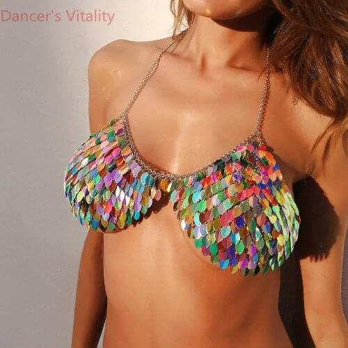 Western Nightclub Bar DS Costumes Classic Sexy Bra Chain DS Metal Leaf DJ Singer Bra Chain Carnival Party Pole Jazz Dancing Wear