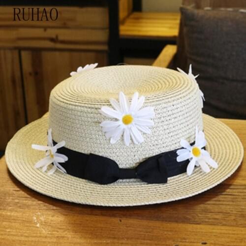 RUHAO Flat top straw hat Summer Spring womens trip caps leisure pearl beach sun hats black breathable fashion flower girl hat