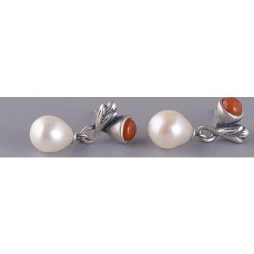 FNJ Freshwater Pearl Earrings 925 Silver Original Pure S925 Sterling Silver Stud Earring Women Jewelry Red Agate Stone