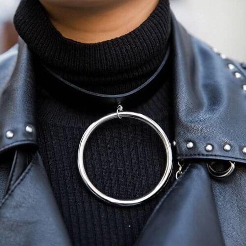 100% Women Girl Handmade Punk Gothic Hanging O Round BDSM Fetish Leather Choker Buckle Collar Necklace