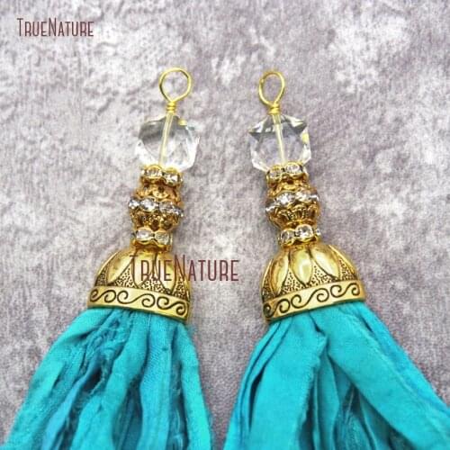 10pcs Turquoises Sari Silk Tassel Pendants With Crystal and Gold Rhinestone Ball Yarn Ribbon Tassel Pendant PM20066