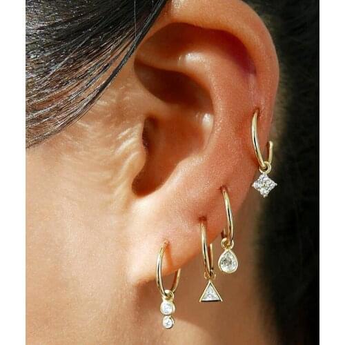 4pcs/set Vintage Fashion 100% 925 Sterling Silve Stud Earring Gold Plated With Clear Cz Tear Drop Triangle Square Punk Jewelry