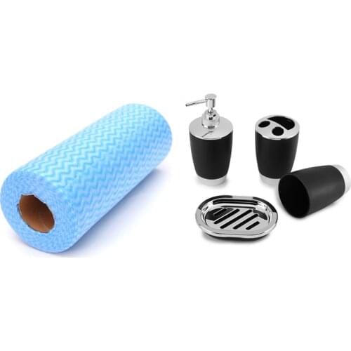 4Pcs Bathroom Suit Set Bathing Accessories Goods Black & 1 Pcs Kitchen Disposable Towels Cloth-Like Cleaning Towel