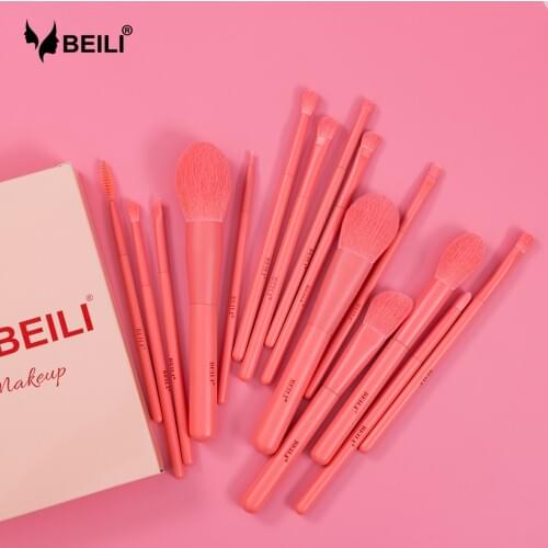 BEILI 15 pieces Vegan Make up Brush Nano Wool Fiber Foundation Eye shadow Powder Blush Eyebrow Coral Orange Makeup Brush Set