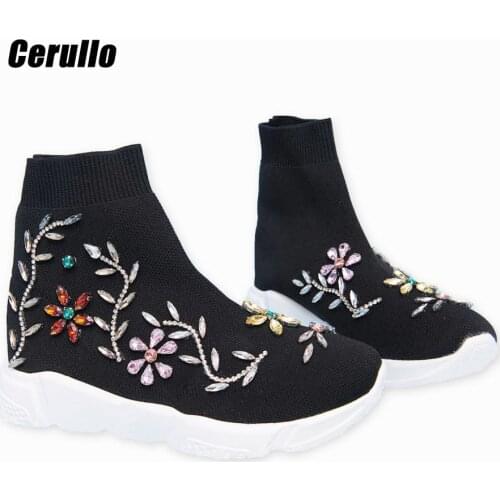 Black Boots Diamond High Help Stretch Sports Casual Shoes Fashion Sneakers Women Rhinestone Socks Sneaker Short Ladies WK93-1