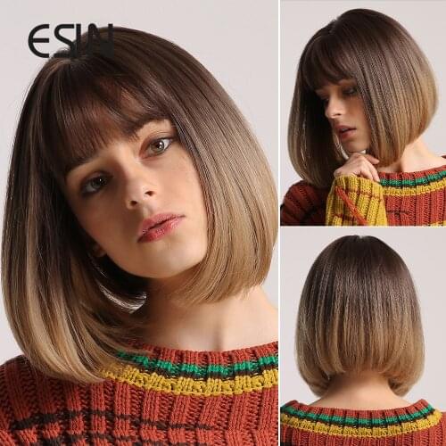 ESIN Brown Ombre to Light Brown Medium Long Straight Bob Wig with Bangs Cosplay Wigs for Women Heat Resistant Synthetic Hair