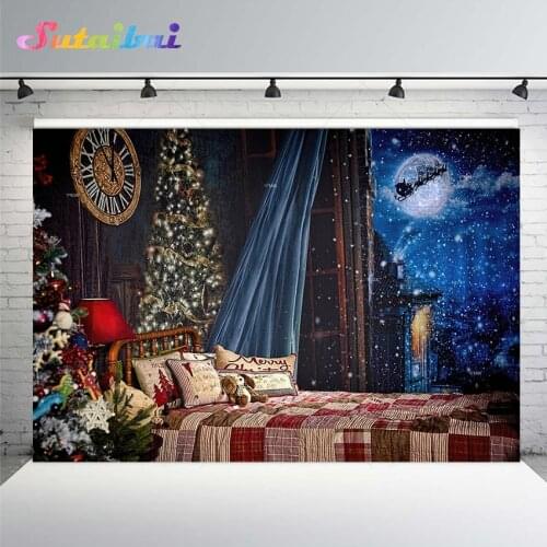 Merry Christmas Photography Backdrop Winter Snow Window View Night Moon Santa Claus Reindeer Indoor Bed Headboard Background