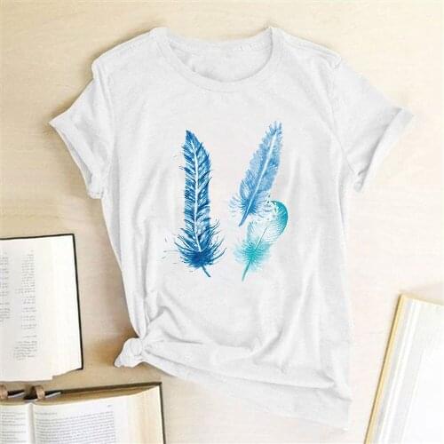Graphic T Shirts Feather Print Women T-shirt Short Sleeve 90s Ladies Tops Tee Shirt Summer Loose Clothes Harajuku Haut Femme