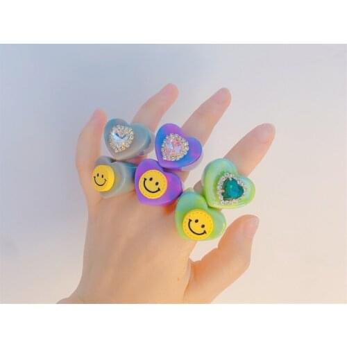 Exquisite Heart Zircon Ring For Women Girl Jewelry Vintage Multicolor Acrylic Resin Smiley Rings Boho Female Travel Accessories