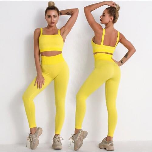 2 Pcs Striped Seamless Yoga Set Women Gym Clothing Sports Bra High Waist Leggings Workout Fitness Sportswear Knitted Sports Suit