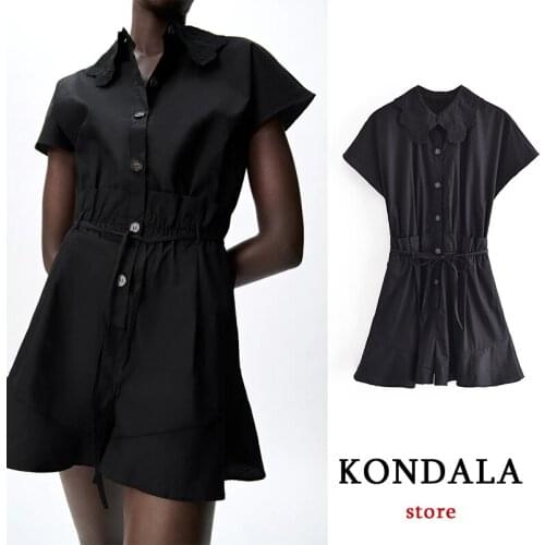 KONDALA Women Chic Black Ruffles Mini Shirt Dress Jumpsuits Za 2021Short Sleeve Sashes Embroidery Collar Rompers Women Shorts