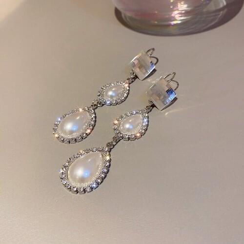 Korean Fashion Crystal Shining Rhinestone Pearls Water Drop Earrings for Women Elegant Dangle Earrings Jewelry 2021 New