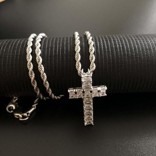 Iced with baguette stone cross pendant with free regular chain
