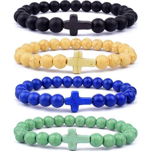 Trendy Jesus Cross Charm Blue Turquoises Men Bracelet Black Lava Stone 8mm White Beads Bracelets Bangles for Women Yoga Jewelry