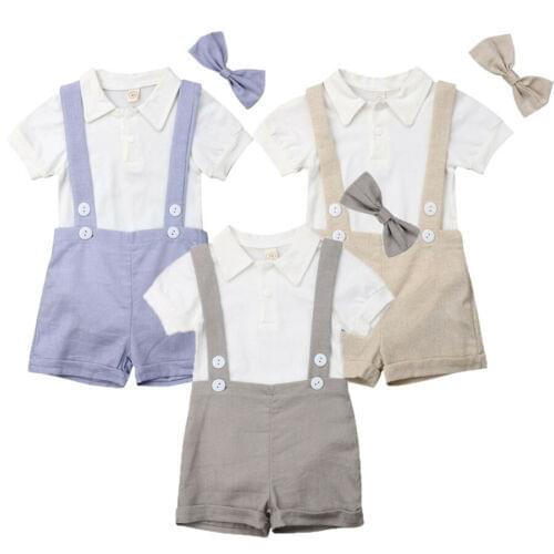 Fashion Newborn Baby Boys Kids Suspenders Bow Gentleman Outfits Suit Tie Shirt Romper Pants Set Wedding Party Clothes