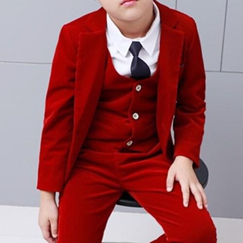 Custom Fashion Handsome Red Kid Suits Slim Fit Groomsmen Tuxedo For Wedding Dress Dinner Party Male Clothing (Jacket+Pants+Vest)