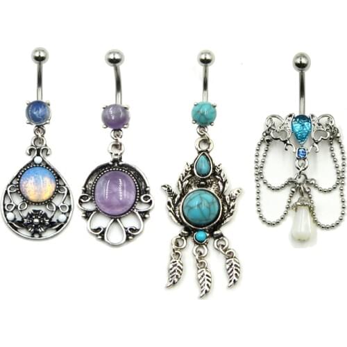 Showlove New Desgin Fashion Stone Belly Button Ring Dangling Navel Bar Piercing 14G Body