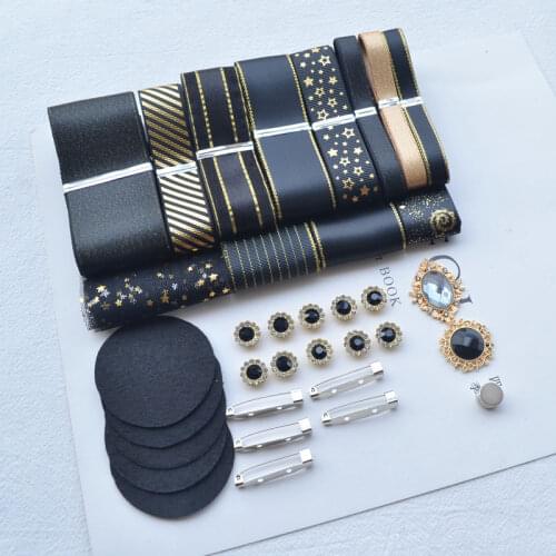 Satin/Grosgrain/Organza Ribbon Set Mixed Black and Gold Fabric DIY Hairbow Materials Mix Style for DIY Handmade Gifts Packing