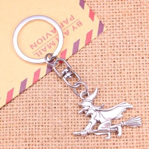 New Fashion Keychain 36x34mm witch on broomstick halloween Pendants DIY Men Jewelry Car Key Chain Souvenir For Gift