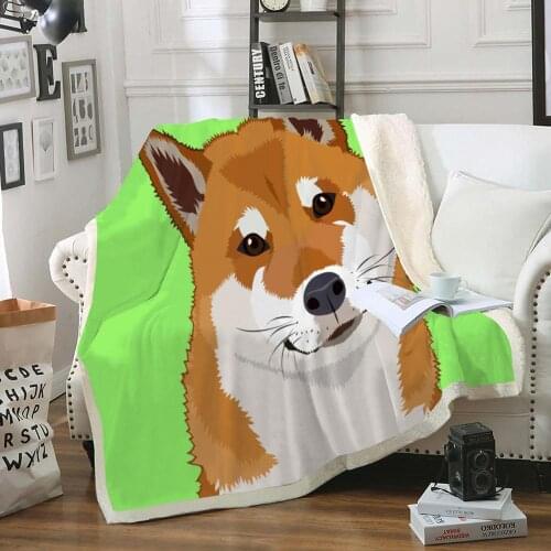 Shiba inu Dog Sherpa Blanket Cartoon Pet Throw Blanket Kids Boys Soft Blanket Green Puppy Fur Throw Blanket
