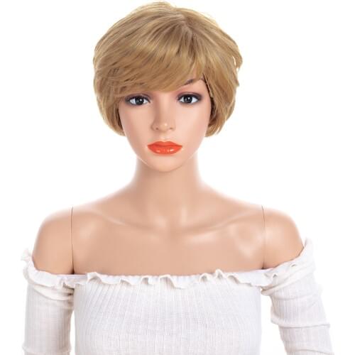 ZM fluffy 12inches short female pixie cut wig blonde straight synthetic hair wig with bangs for black/white women Natural Hair