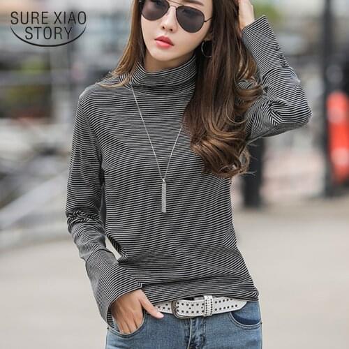 Pile Collar Bottoming Shirt Fashion Elegant Clothes Tops Autumn Turtleneck T-shirt Women Long Sleeve Striped T-shirts 6978 50