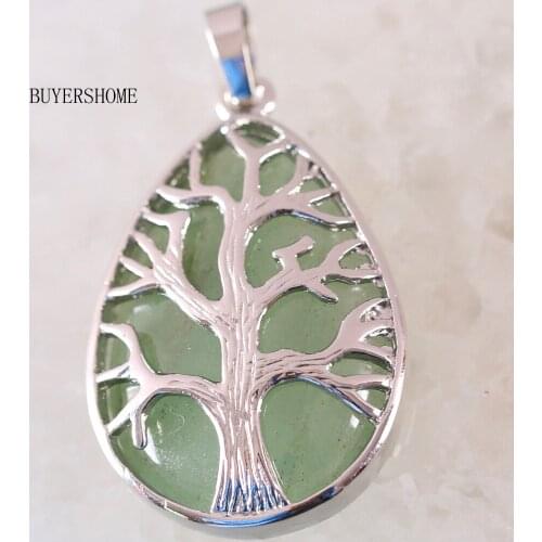 Silver Color Tree of life Water Drop Necklace Pendant Natural Gem Stone Green Aventurine 1Pcs K442