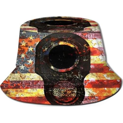 M1 Colt 45 On Rusted American Flag Unisex Fashion Women Men Breathable Bucket Hats M1 Pistol Colt 45 Gun Rights Firearm Second
